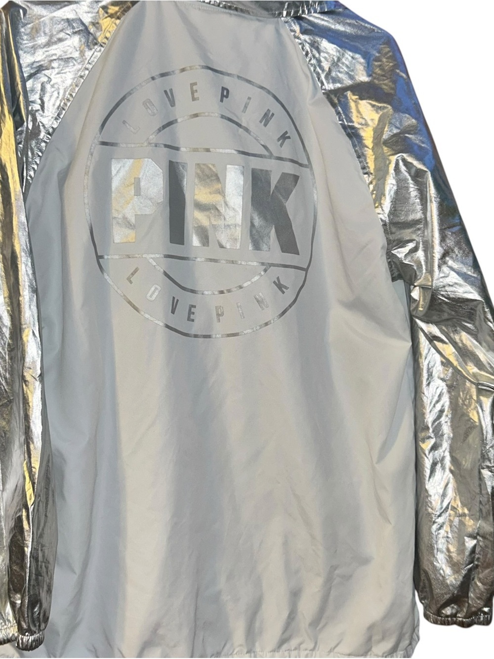 New Victoria's Secret Pink Coaches Anorak/Jacket White/Silver Foil Large L